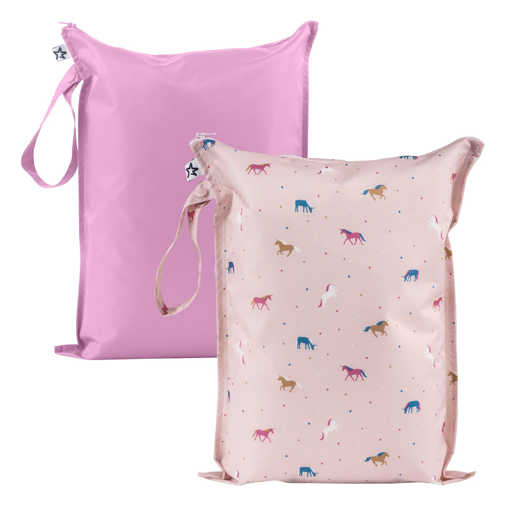 Tiny Twinkle Mess Proof Wet Bag unicorn open shows interior for wet or dry items on the go