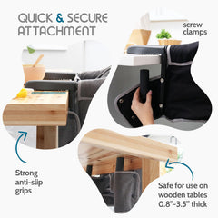 Tinybow high chair with 5-point harness keeps little riders secure.