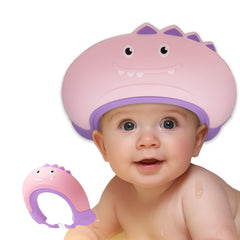 TinyGuardian dinosaur-pink front-view shield protects ears during bath time.