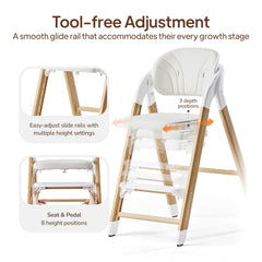 Tinyiota high chair ergonomic backrest supports comfortable posture during activities.