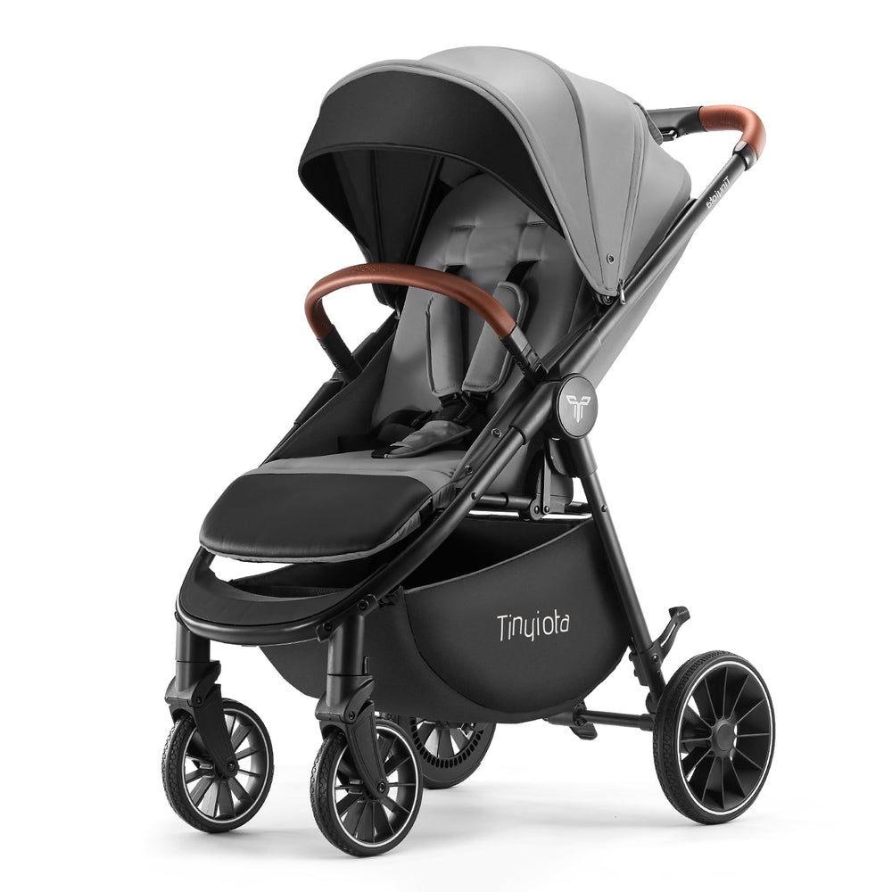 Tinyiota stroller gray aluminum frame for lightweight durability during daily outings.