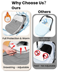 TinyPalsa carseat cover with drawstring front flap secured during interactions.