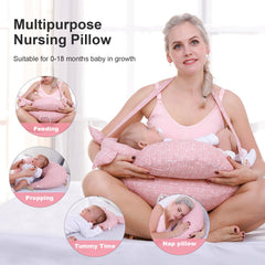 TinyTotsJoy nursing pillow with adjustable waist strap supports feeding indoors and outdoors