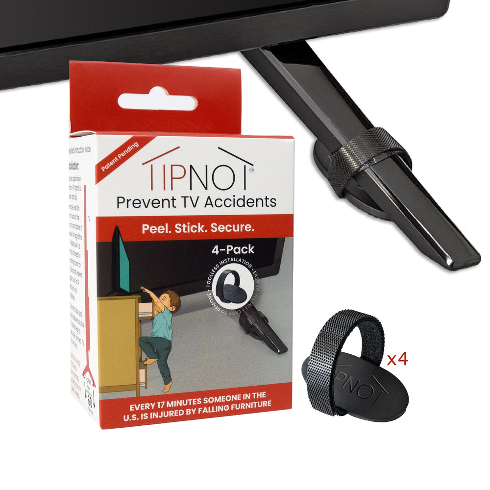 TipNot TV Anchor: easy peel-and-stick installation on a TV stand.