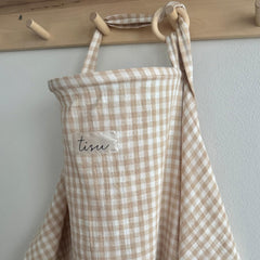 TISU nursing cover in beige gingham used for breastfeeding privacy and comfort