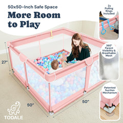 Todale playpen 50x50x27 inches provides ample space for toys and exploration.