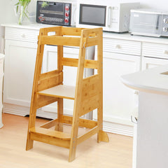 TOETOL bamboo toddler step stool showing adjustable height with three levels