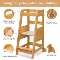 TOETOL bamboo toddler step stool displaying foot pedal with two stages