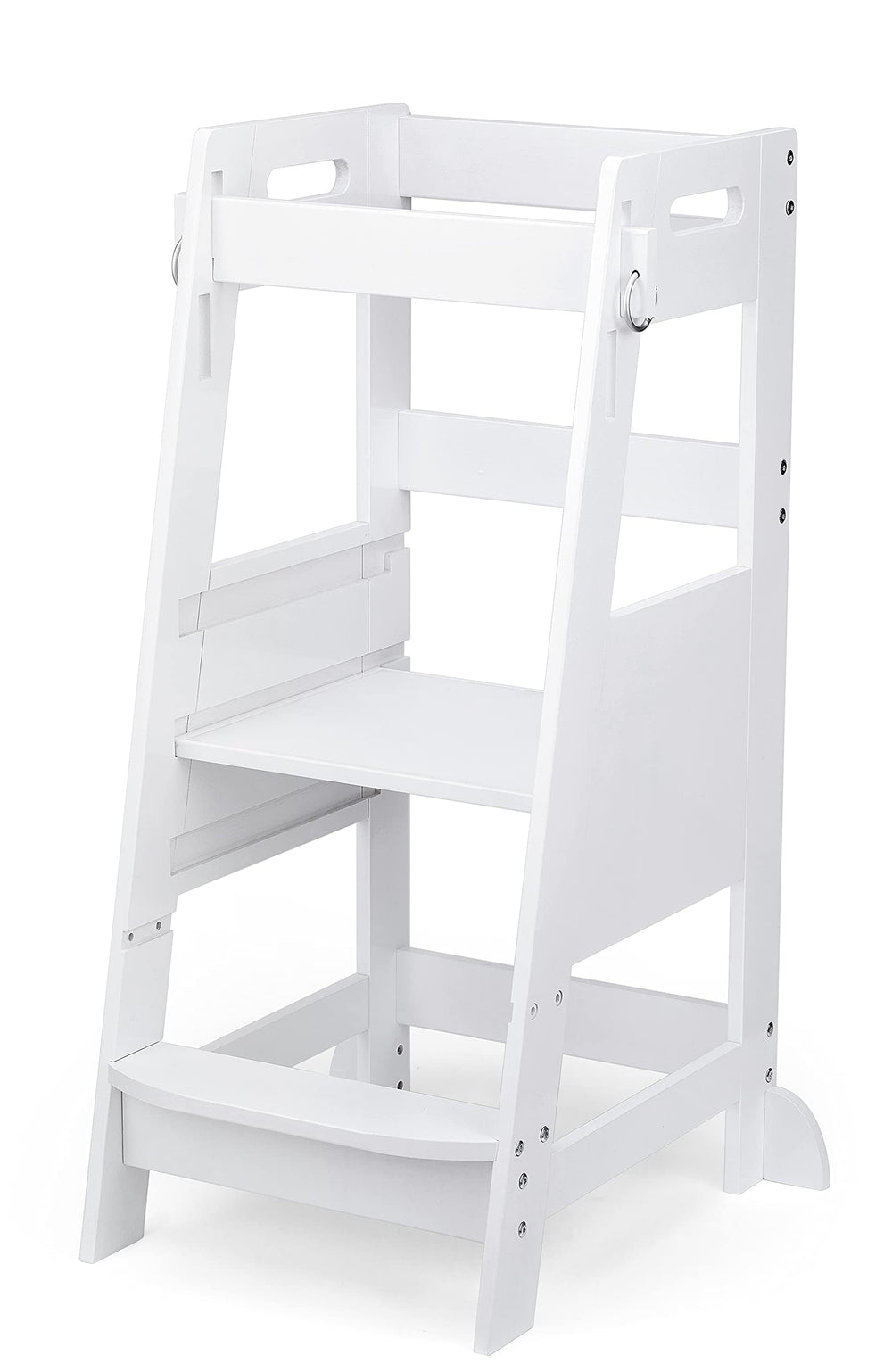 TOETOL Bamboo Toddler Step Stool in white with safe handrails for kitchen tasks
