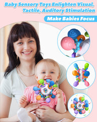 Tonberless teething toy with textured surfaces for stimulating tactile exploration.