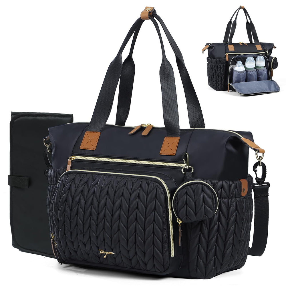 Tonyeee diaper bag tote with quilted nylon outer for stylish organization on the go