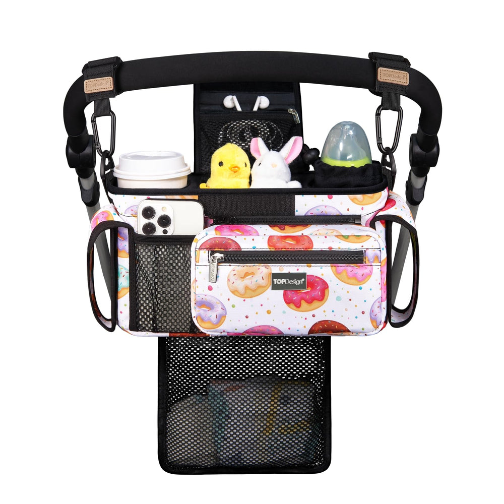 TopDesign Donuts stroller organizer front view shows upright and accessible layout
