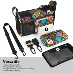TOPDesign stroller organizer with detachable mesh bag for easy washing and diaper changes.