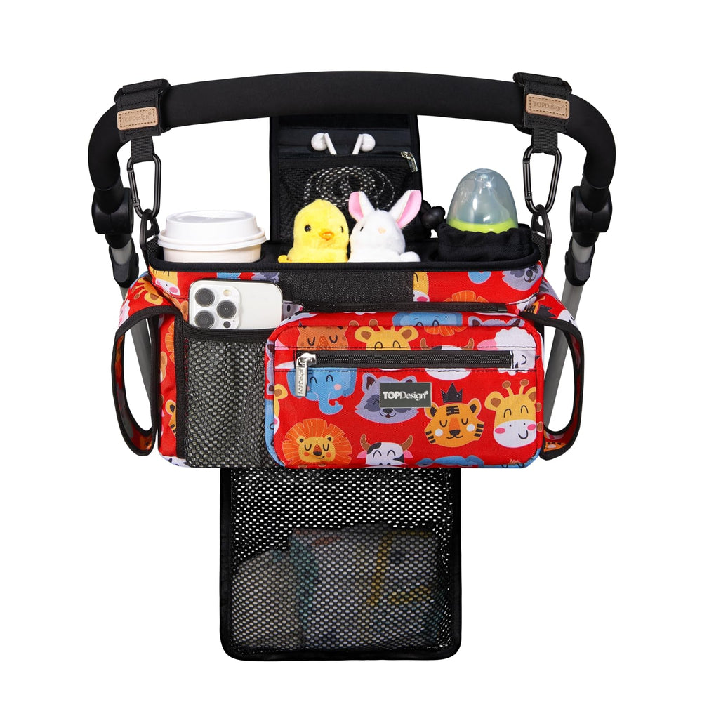 TOPDesign stroller organizer front view with accessible pockets for essentials
