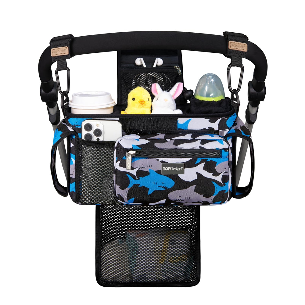 TOPDesign universal stroller organizer front view highlighting durable build and organized compartments