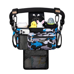 TOPDesign universal stroller organizer front view highlighting durable build and organized compartments