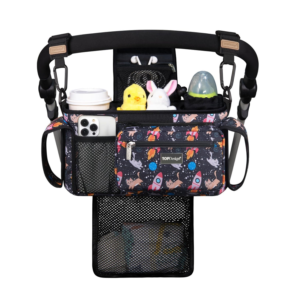 TOPDesign stroller organizer with mesh bag for quick diaper storage during outings.