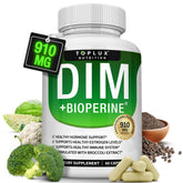 Toplux DIM supplement bottle showing 910 mg dosage for potential hormonal support