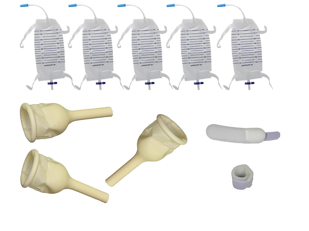 TOPMED ETS complete urinary kit with external rubber catheter and leg bag ready for use