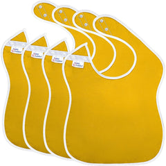 Toppy Toddler Golden Rod bib front view with wide coverage to protect outfits.