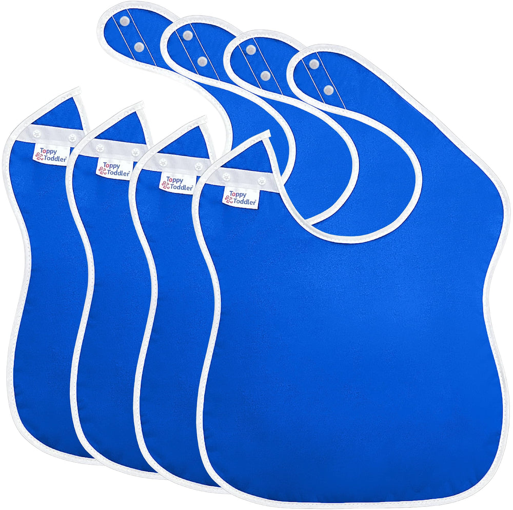 Toppy Toddler Royal Blue Bib front view shows wide coverage against spills