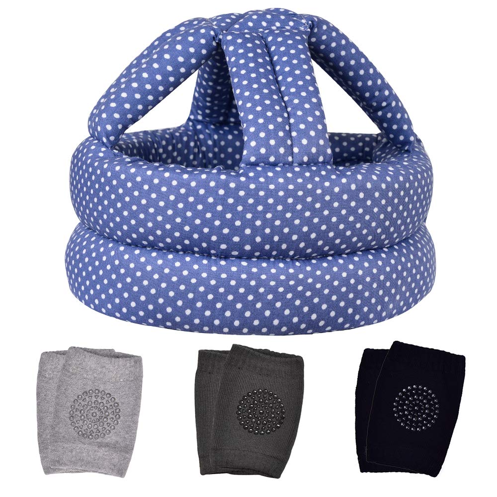 TORASO baby helmet with blue dots, front view showing soft cushioning for playtime