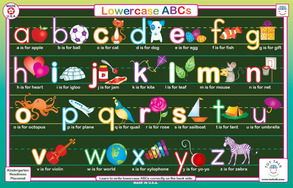 Tot Talk lowercase ABCs placemat front view enhances early literacy during meals