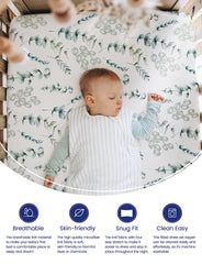TotAha Botanical crib sheets stretch-fit design demonstrates easy mattress anchoring.