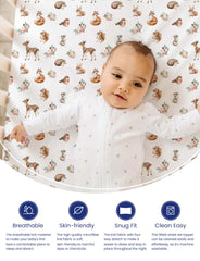 TotAha Forest Animals crib sheet fit demonstrates secure deep-pocket compatibility.