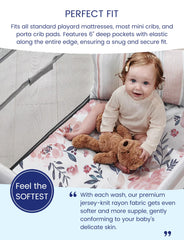 TotAha Graco Pack and Play sheets demonstrate secure, snug fit on a mini crib.