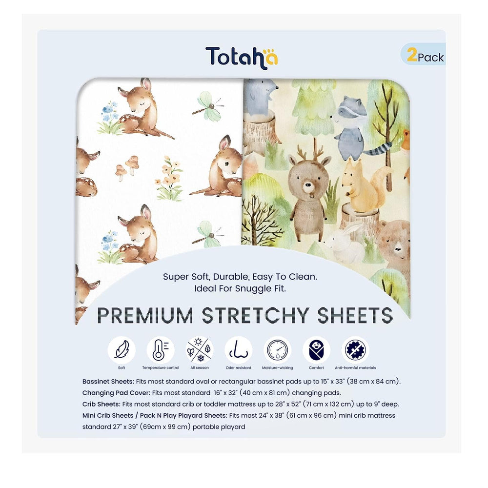 TotAha mini crib sheet with forest bear pattern offers cozy, breathable sleep.