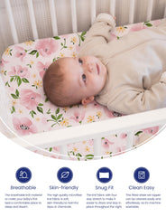 TotAha mini crib floral pattern sheets shown for a stylish nursery.
