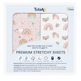 TotAha Pink Rainbow crib sheet close-up shows TotCare fabric for gentle baby sleep.