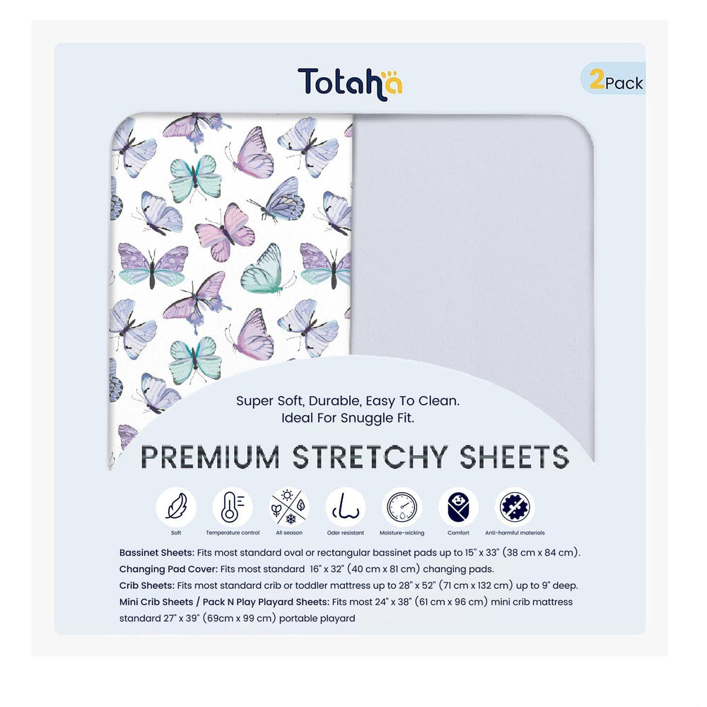 TotAha premium soft pack n play sheets folded in purple butterfly color for cozy baby sleep