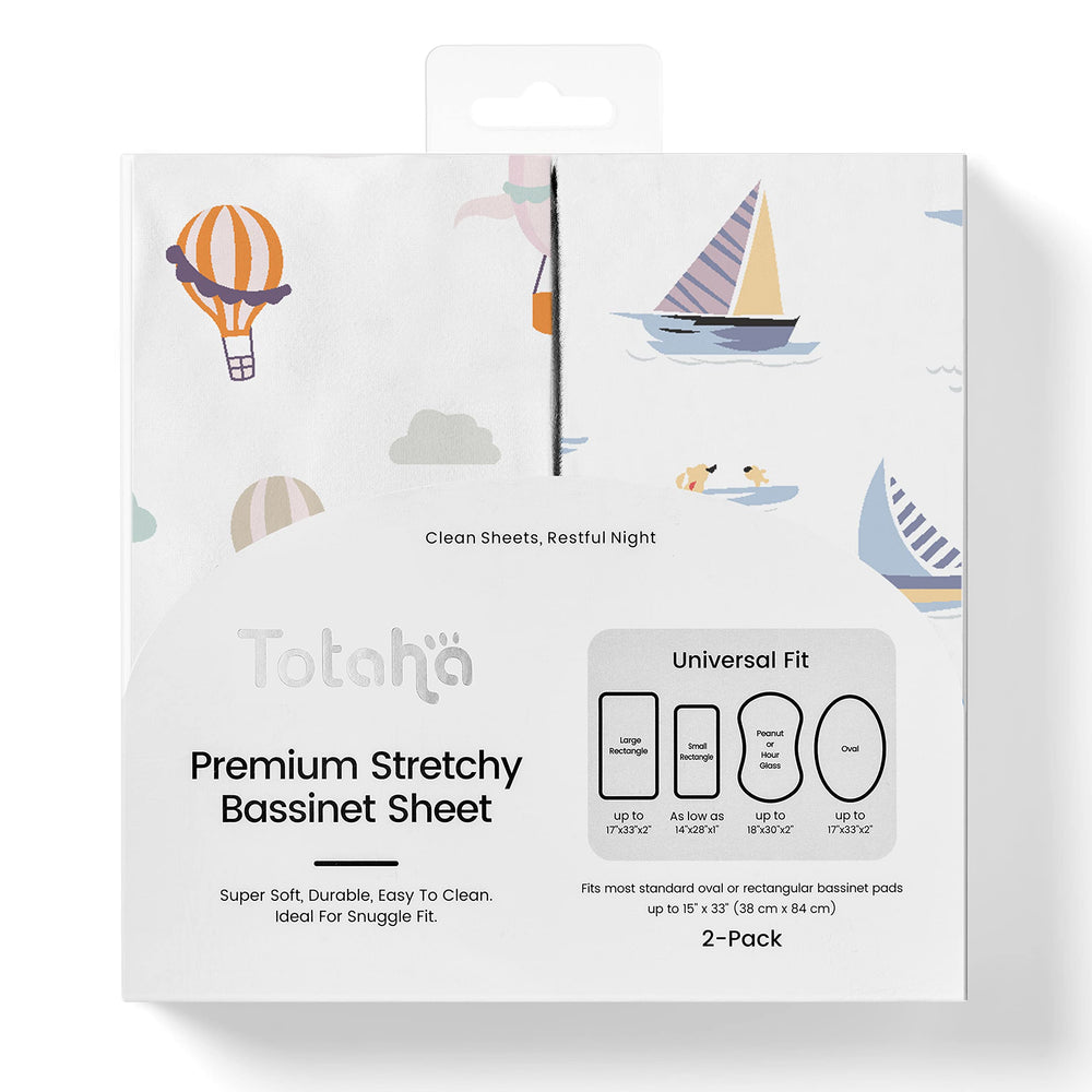 TotAha premium stretchy bassinet sheets close-up shows soft, breathable fabric for restful nights.