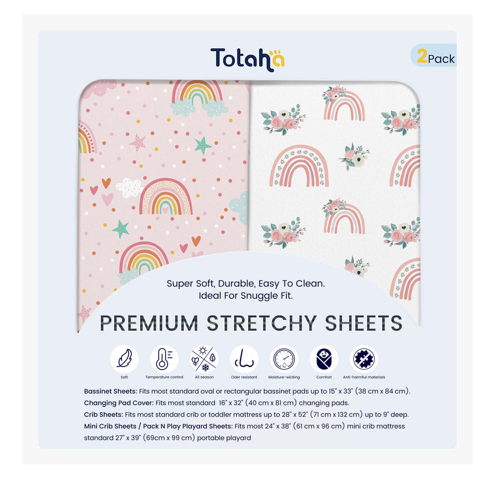 TotAha TotCare rainbow sheets folded, showing soft, breathable fabric