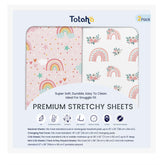 TotAha TotCare rainbow sheets folded, showing soft, breathable fabric