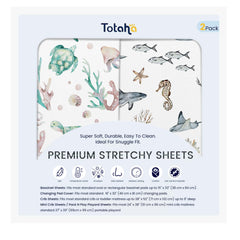 TotAha Sea Animal mini crib sheet top view with breathable TotCare fabric for peaceful sleep