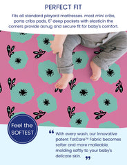 TotAha soft-touch mini-crib sheet fits snugly on a compact mattress.