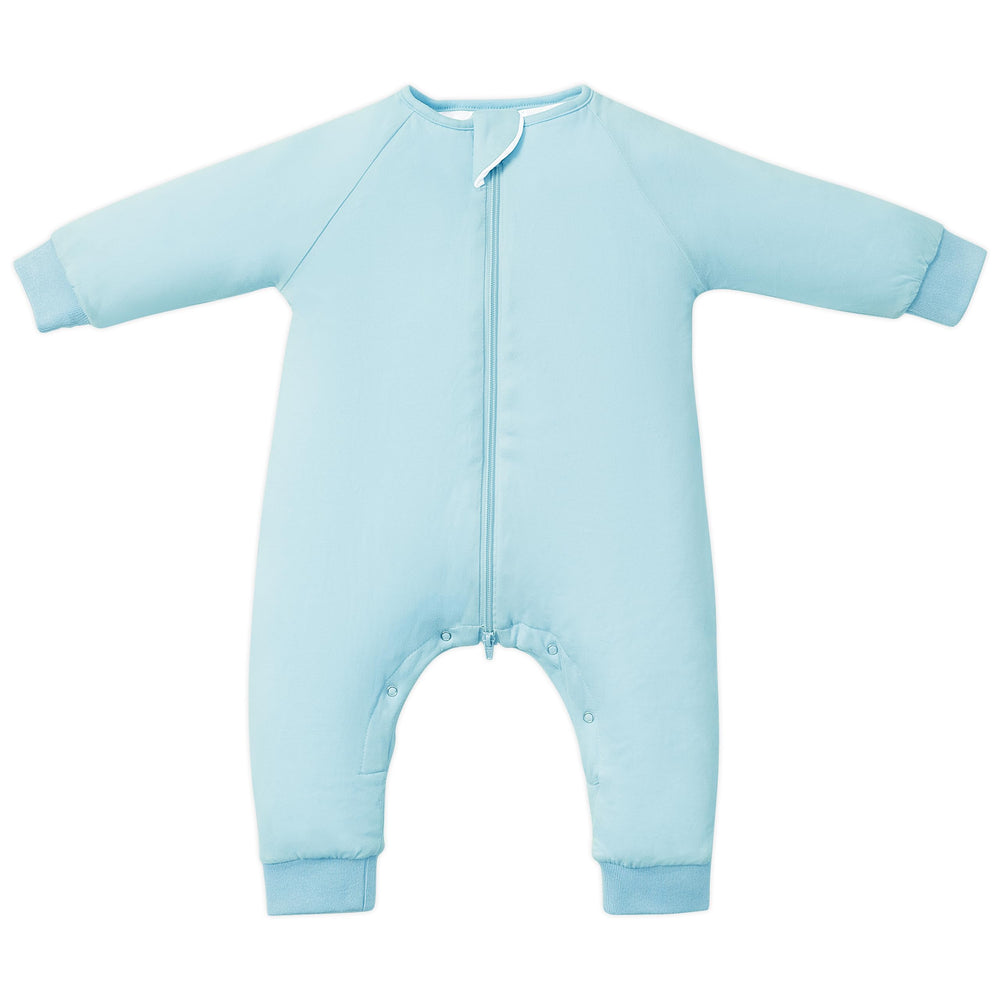 TOTBASIC 1.0 TOG sleep sack with feet in baby blue front view, cozy year round warmth.