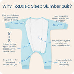 TOTBASIC sleep sack with feet in baby blue, leg open design for active movement.