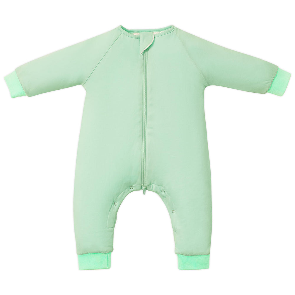 TOTBASIC baby sleep sack with feet in Sage keeps little legs warm and comfy.