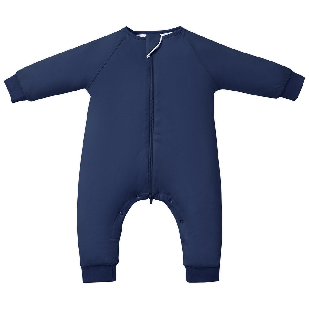 TOTBASIC baby sleep sack with feet navy front view for full coverage and cozy warmth.