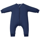 TOTBASIC baby sleep sack with feet navy front view for full coverage and cozy warmth.