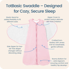 TOTBASIC blush swaddle with Velcro adjustable tabs supports growth from newborn to 3–6 months
