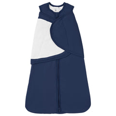 TOTBASIC navy swaddle with arms-in for secure newborn comfort.