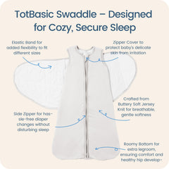 TOTBASIC swaddle with Velcro fasteners provides snug, adjustable fit for calm naps.