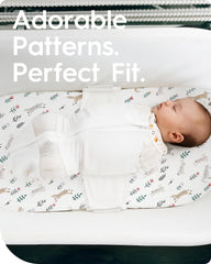 TotBasic bassinet sheet universal-fit closeup shows compatibility with many bassinet models.