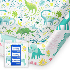 TotBasic dinosaur pack n play sheets fabric close-up shows ultra-soft jersey knit for baby comfort.