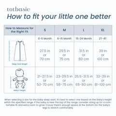 TOTBASIC sleep sack size range demonstrates growth with your child.
